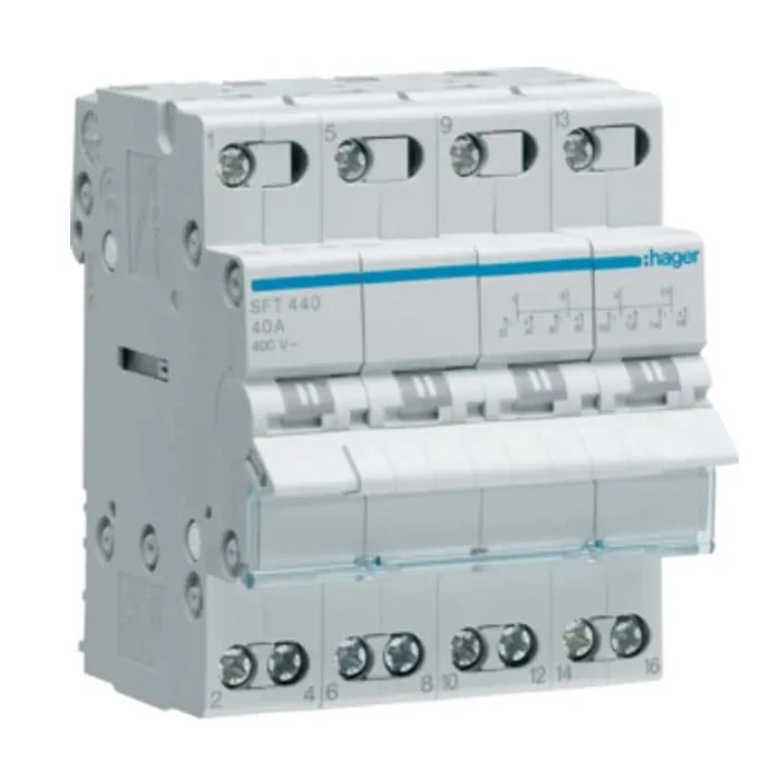 Hager Przełącznik Modułowy Instalacyjny I-0-II (1-0-2) Punkt Wspólny Od Góry 4P 40A 400V AC GPV-401-68