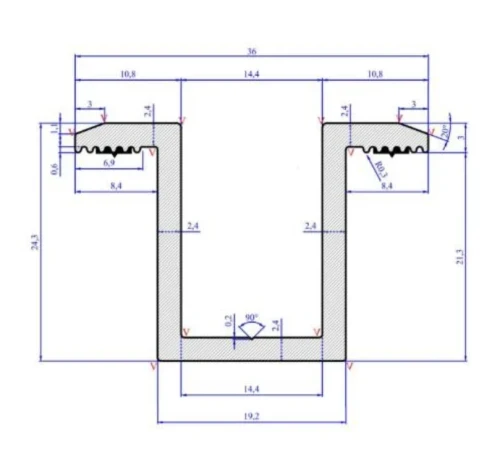 Klema środkowa H25 L50 surowa z dwoma pinami uziemiającymi aluminium 6063-T66 PV-04-19 (2)