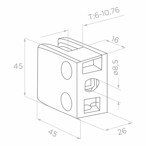 Uchwyt do szkła 45x45x26 mm, szkło 6-10,76 mm, AISI 304, system płaski, satyna 000-260 (2)