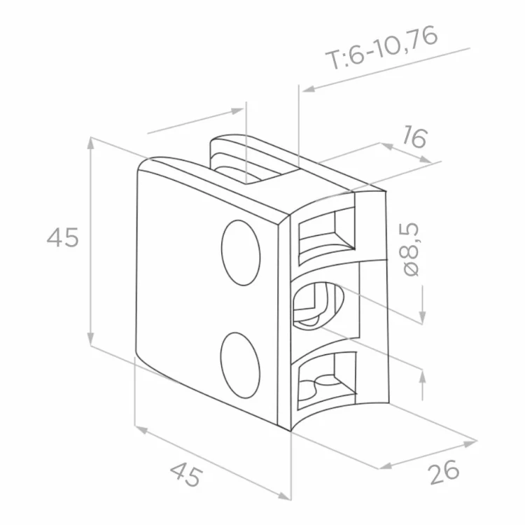 Uchwyt do szkła 45x45x26 mm szkło 8-10,76 mm AISI 304 system 48,3 mm satyna 000-338 (2)