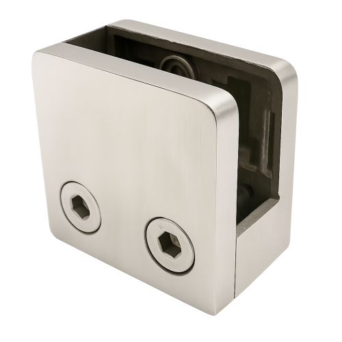 Uchwyt do szkła 45x45x26 mm ze wspornikiem pin szkło 6–10,76 mm AISI 304 system płaski satyna 000-268 (1)