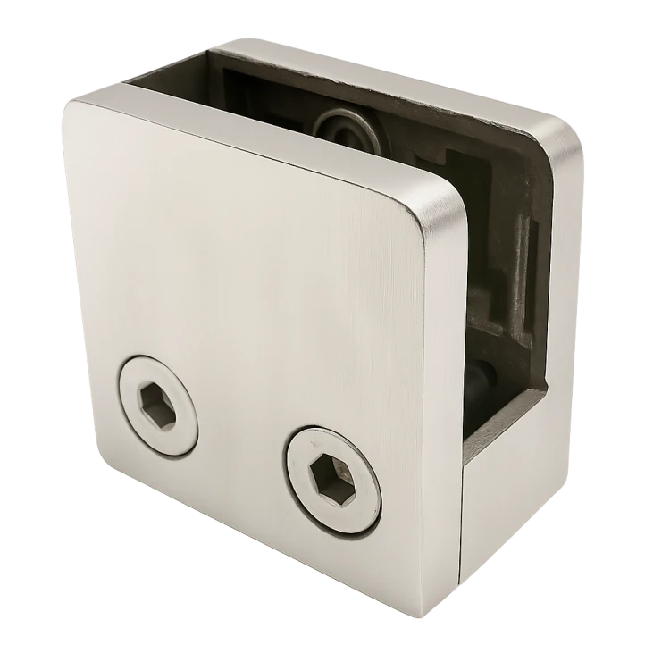 Uchwyt do szkła 45x45x26 mm ze wspornikiem pin szkło 6–10,76 mm AISI 304 system płaski satyna 000-268 (1)