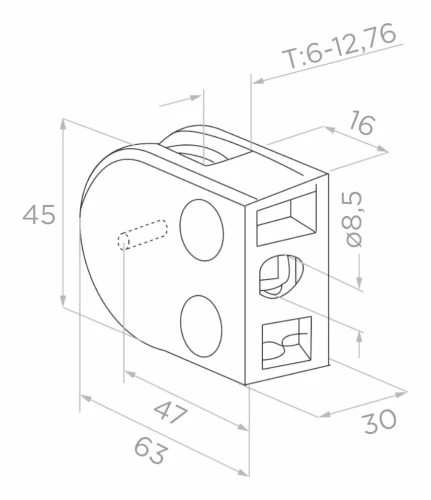 Uchwyt do szkła 6-12,76 mm 63x45x30 mm pin AISI 304 system płaski satyna 63D2-000-458 (2)