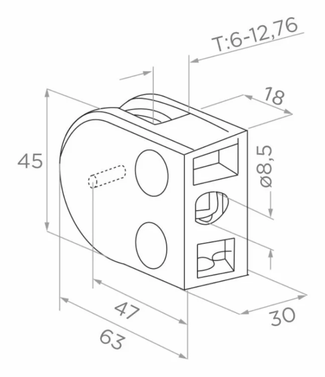 Uchwyt do szkła 6-12,76 mm 63x45x30 mm wspornik i pin AISI 304 system płaski satyna 63D3-000-459 (2)